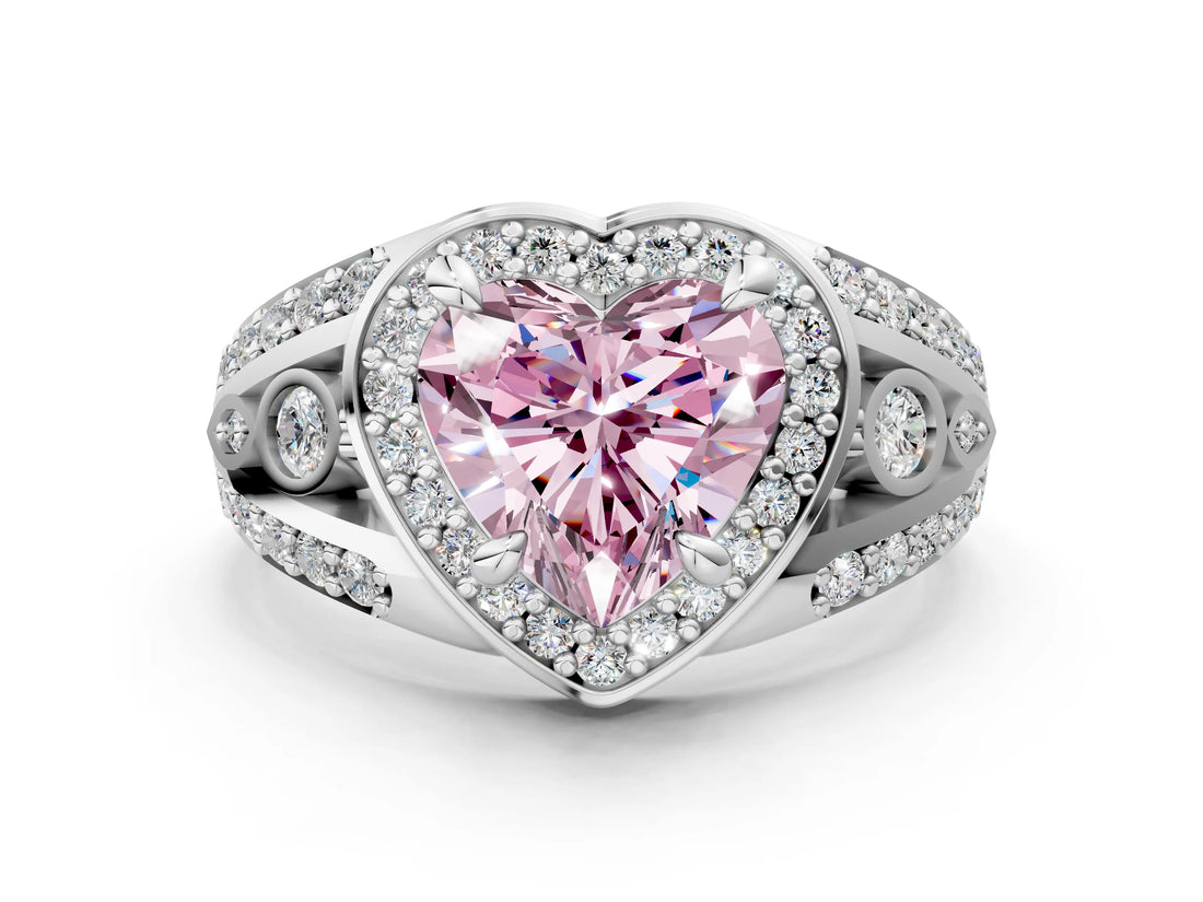 Platinum Fancy Pink Heart Cut Diamond Halo Ring with Split Shank and Bezel Accents and Four-Prong Setting_6