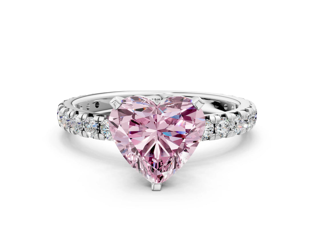 Platinum Fancy Pink Heart Cut Diamond Pavé Solitaire Ring with Round Band and Prong Setting