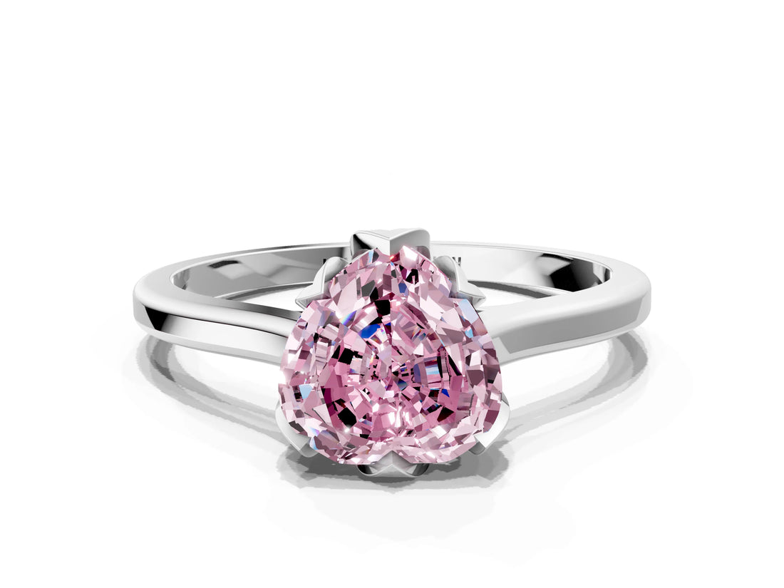 Platinum Fancy Pink Heart Cut Diamond Solitaire Ring with Flower Prong Setting and Classic Band