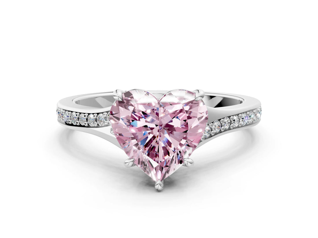 Platinum Fancy Pink Heart Cut Diamond Solitaire Ring with Pavé Band and Prong Setting_12