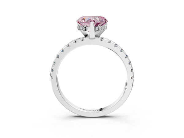 Platinum Heart-Shaped Hidden Halo Solitaire Engagement Ring Setting for Fancy Pink Center with Single Row Pave Band