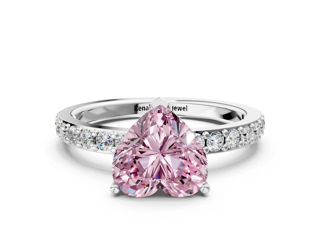 Platinum Fancy Pink Heart  Cut Diamond Solitaire with Pave Band and Four-Prong Setting