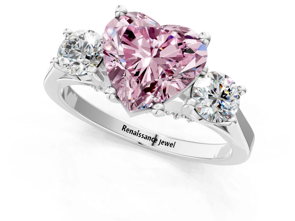 Platinum Fancy Pink Heart Cut Diamond Three-Stone Engagement Ring with Prong Setting and Pavé Band