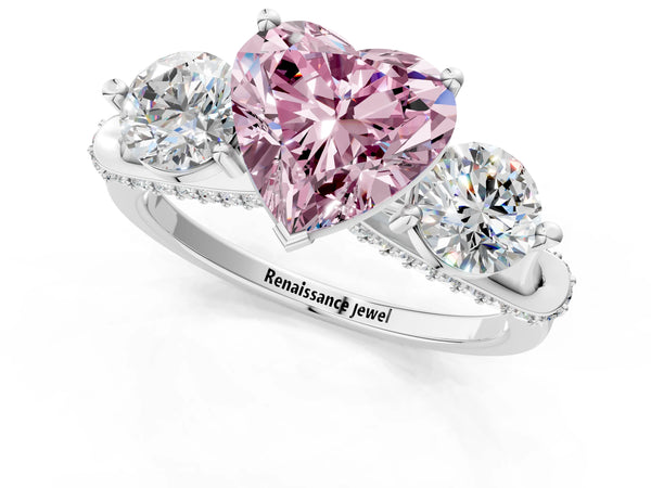 Platinum Heart-Shaped Curved Pave Three Stone Engagement Ring Setting for Fancy Pink Center
