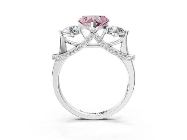 Platinum Heart-Shaped Curved Pave Three Stone Engagement Ring Setting for Fancy Pink Center