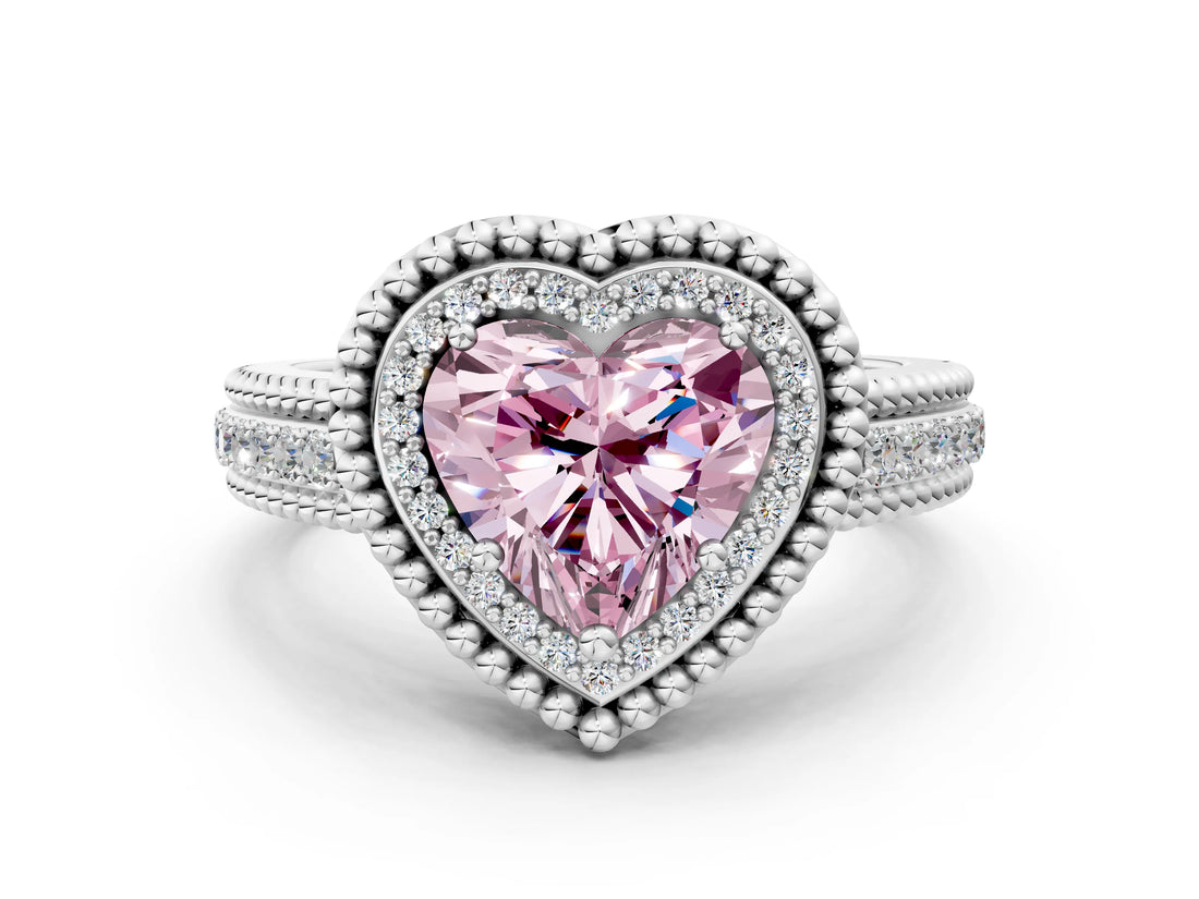 Platinum Fancy Pink Heart Cut Halo Diamond Ring with Beaded Split Shank and Four-Prong Setting_6