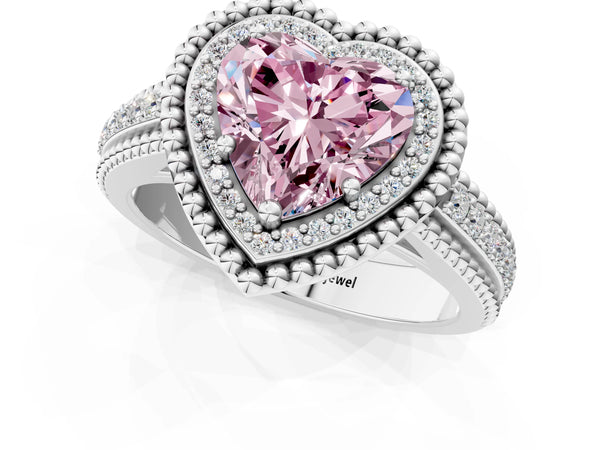 Platinum Heart-Shaped Beaded Halo Engagement Ring Setting for Fancy Pink Center with Pave