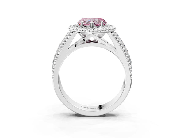 Platinum Heart-Shaped Beaded Halo Engagement Ring Setting for Fancy Pink Center with Pave