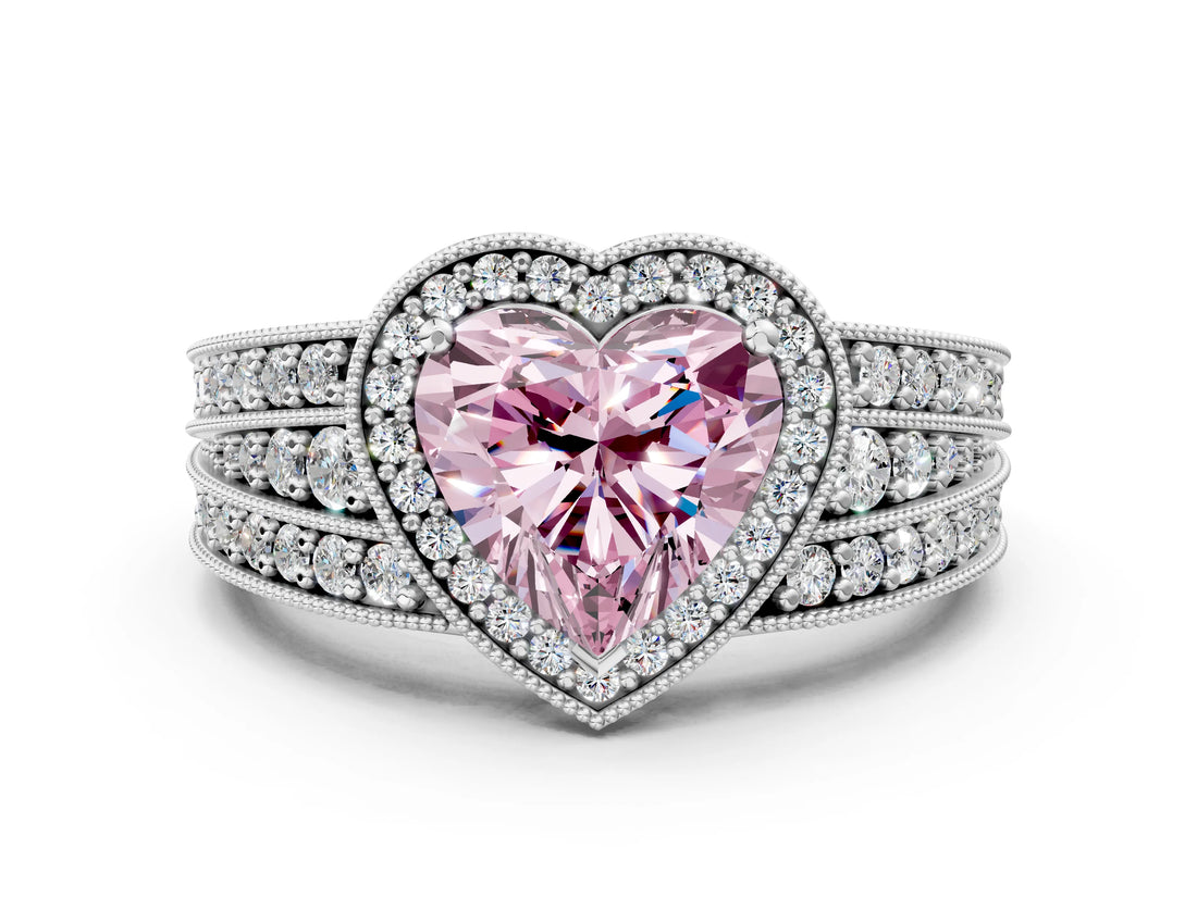 Platinum Fancy Pink Heart Cut Halo Diamond Split Shank Ring with Prong Setting_24