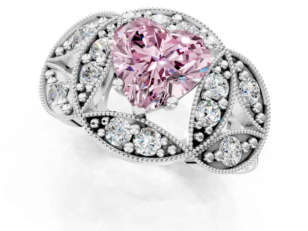 Platinum Fancy Pink Heart Cut Halo Milgrain Diamond Engagement Ring with Leaf Band and Four-Prong Setting