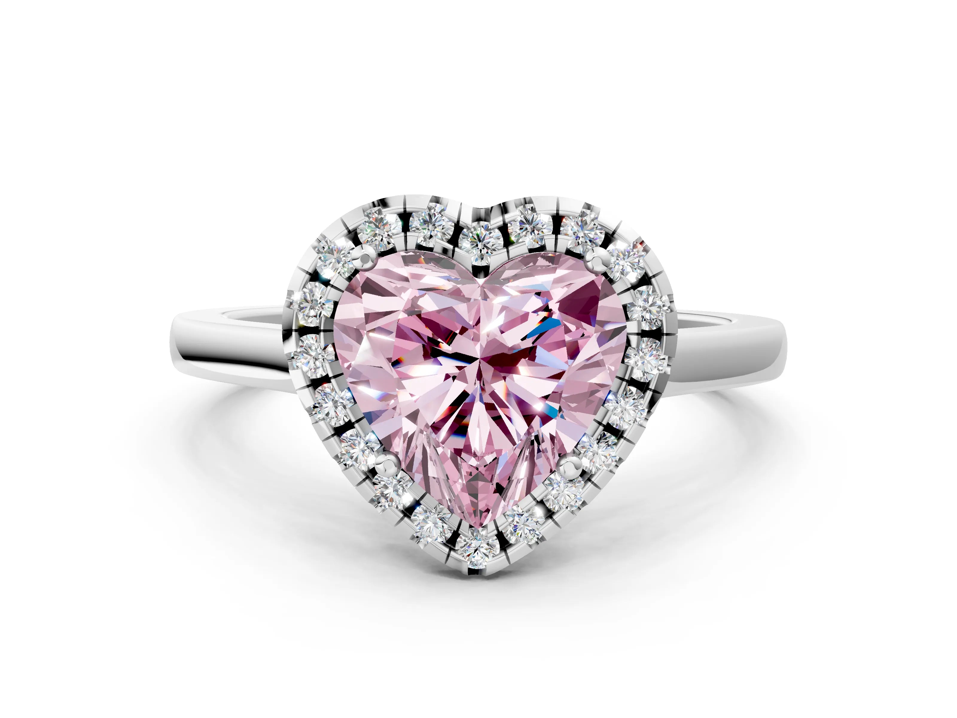 Platinum Fancy Pink Heart Cut Halo Round Diamond Solitaire Ring with Pavé Band and Four-Prong Setting_24