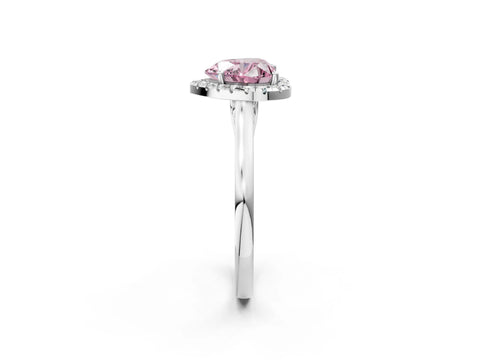 Platinum Fancy Pink Heart Cut Halo Round Diamond Solitaire Ring with Pavé Band and Four-Prong Setting_26