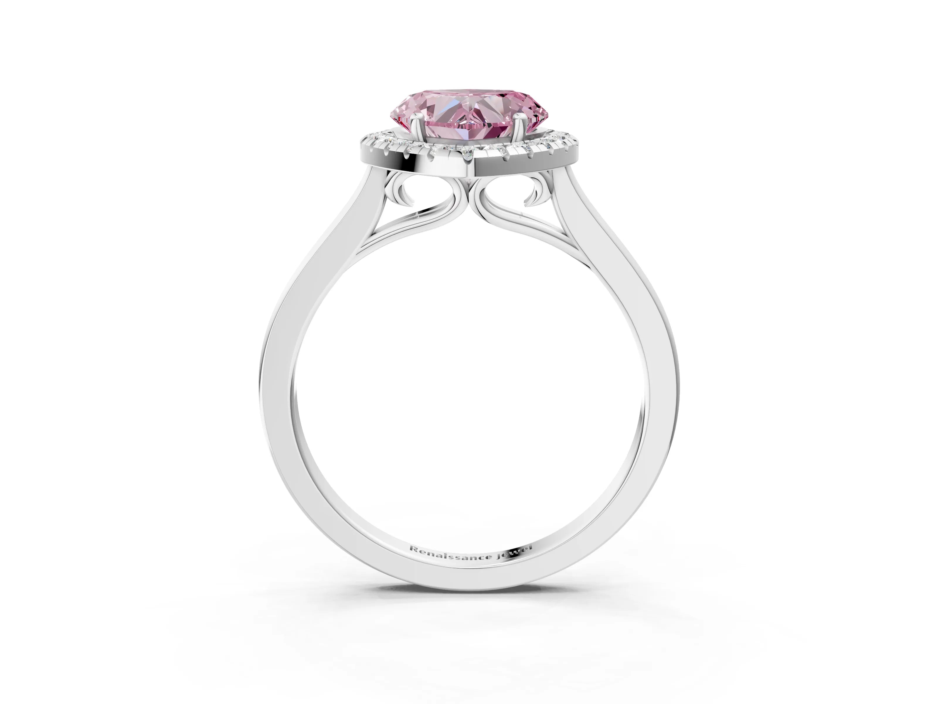 Platinum Fancy Pink Heart Cut Halo Round Diamond Solitaire Ring with Pavé Band and Four-Prong Setting_27
