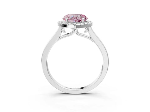 Platinum Fancy Pink Heart Cut Halo Round Diamond Solitaire Ring with Pavé Band and Four-Prong Setting_27