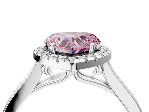 Platinum Fancy Pink Heart Cut Halo Round Diamond Solitaire Ring with Pavé Band and Four-Prong Setting_28
