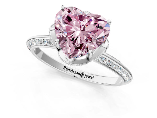 Platinum Heart-Shaped Graduated Pave Engagement Ring Setting for Fancy Pink Center