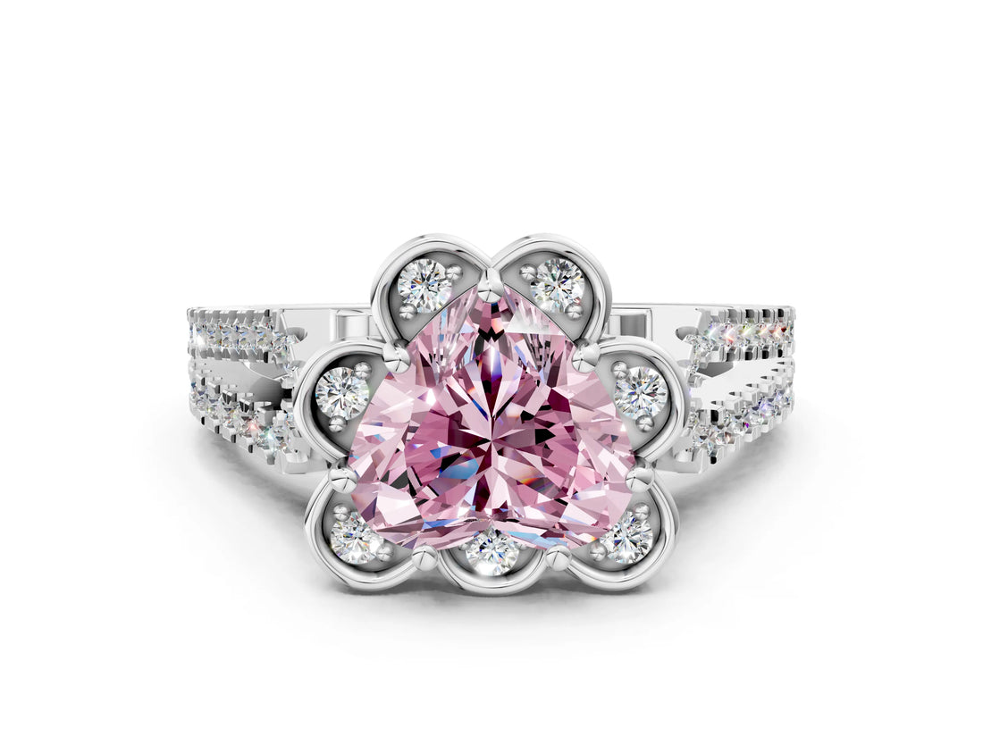 Platinum Fancy Pink Heart  Halo Diamond Floral Split Shank Engagement Ring 1