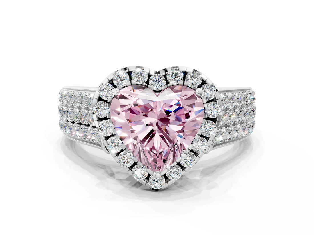 Platinum Fancy Pink Heart  Halo Round Diamond Pave Band with Prong Setting