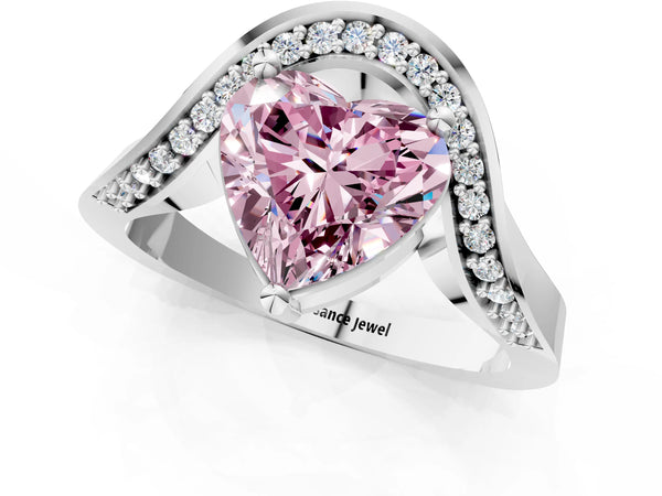 Platinum Fancy Pink Heart  Solitaire Diamond Engagement Ring with Pave Band and Four-Prong Setting