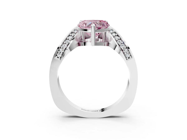 Platinum Fancy Pink Heart  Solitaire Diamond Engagement Ring with Pave Band and Four-Prong Setting