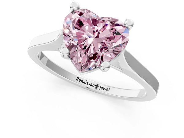 Platinum Fancy Pink Heart  Solitaire Diamond Ring with Four-Prong Setting and Tapered Band