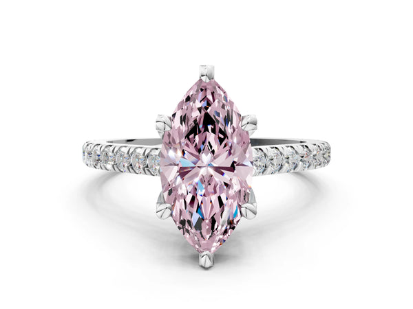 Platinum Fancy Pink Marquise  Brilliant Diamond Solitaire with Pavé Band and Four-Prong Setting