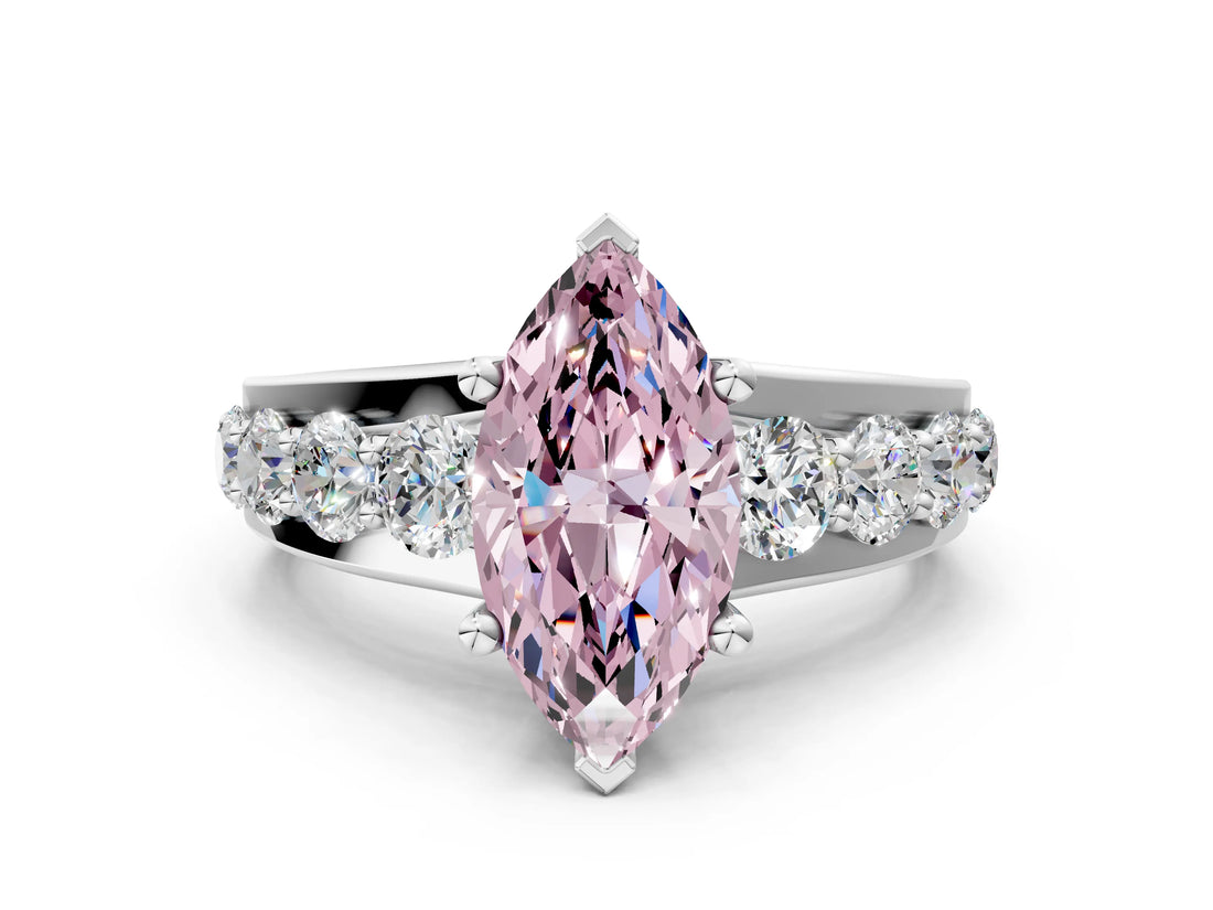 Platinum Fancy Pink Marquise  Brilliant Solitaire with Side Stones on a Pave Band and Four-Prong Setting_12