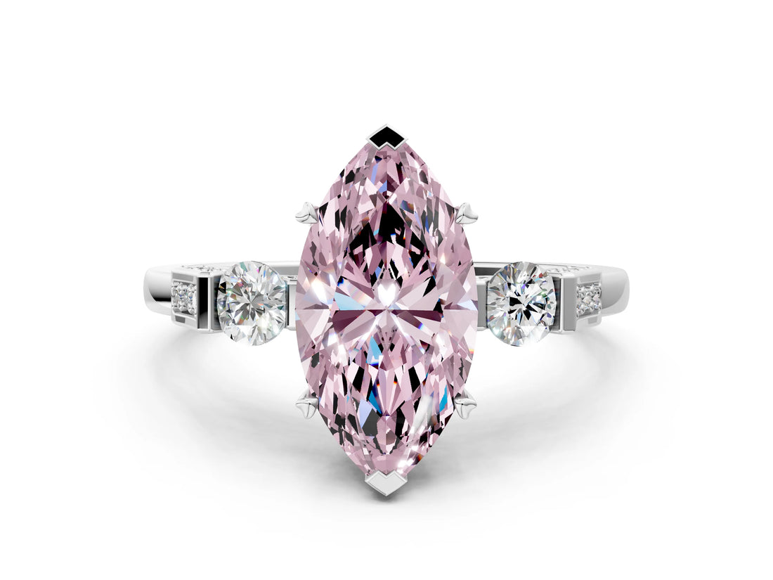 Platinum Fancy Pink Marquise Cut Brilliant Three-Stone Pave Band with Four-Prong Setting_12