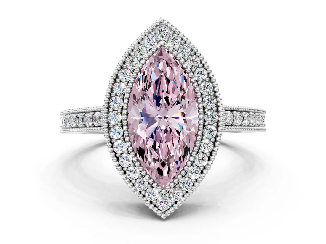 Platinum Fancy Pink Marquise Cut-Cut Diamond Halo Engagement Ring with Pave Band and Prong Setting_12