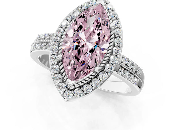 Platinum Fancy Pink Marquise Cut Diamond Double Halo Ring with Split Shank and Four-Prong Setting