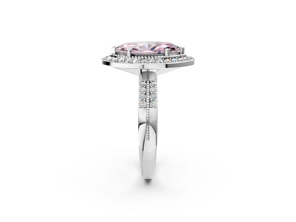 Platinum Fancy Pink Marquise Cut Diamond Double Halo Ring with Split Shank and Four-Prong Setting