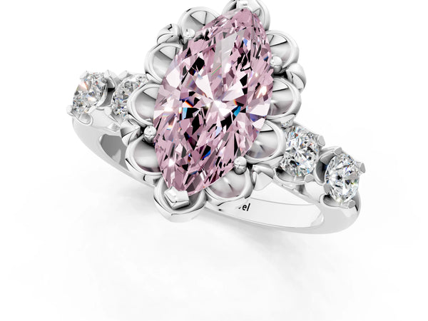 Platinum Fancy Pink Marquise  Cut Diamond Floral Halo Engagement Ring with Shared Prong Setting