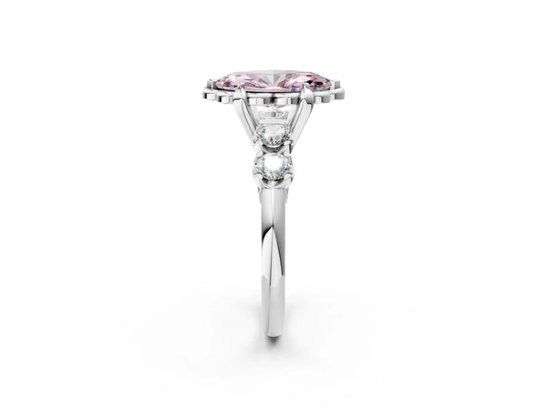 Platinum Fancy Pink Marquise  Cut Diamond Floral Halo Engagement Ring with Shared Prong Setting