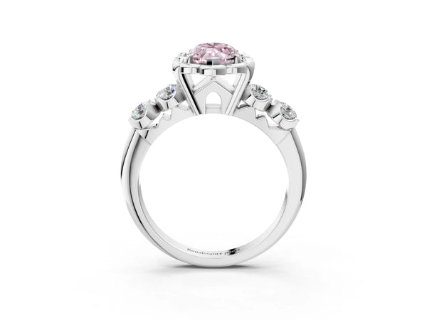 Platinum Fancy Pink Marquise  Cut Diamond Floral Halo Engagement Ring with Shared Prong Setting