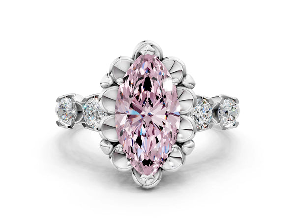 Platinum Fancy Pink Marquise  Cut Diamond Floral Halo Engagement Ring with Shared Prong Setting