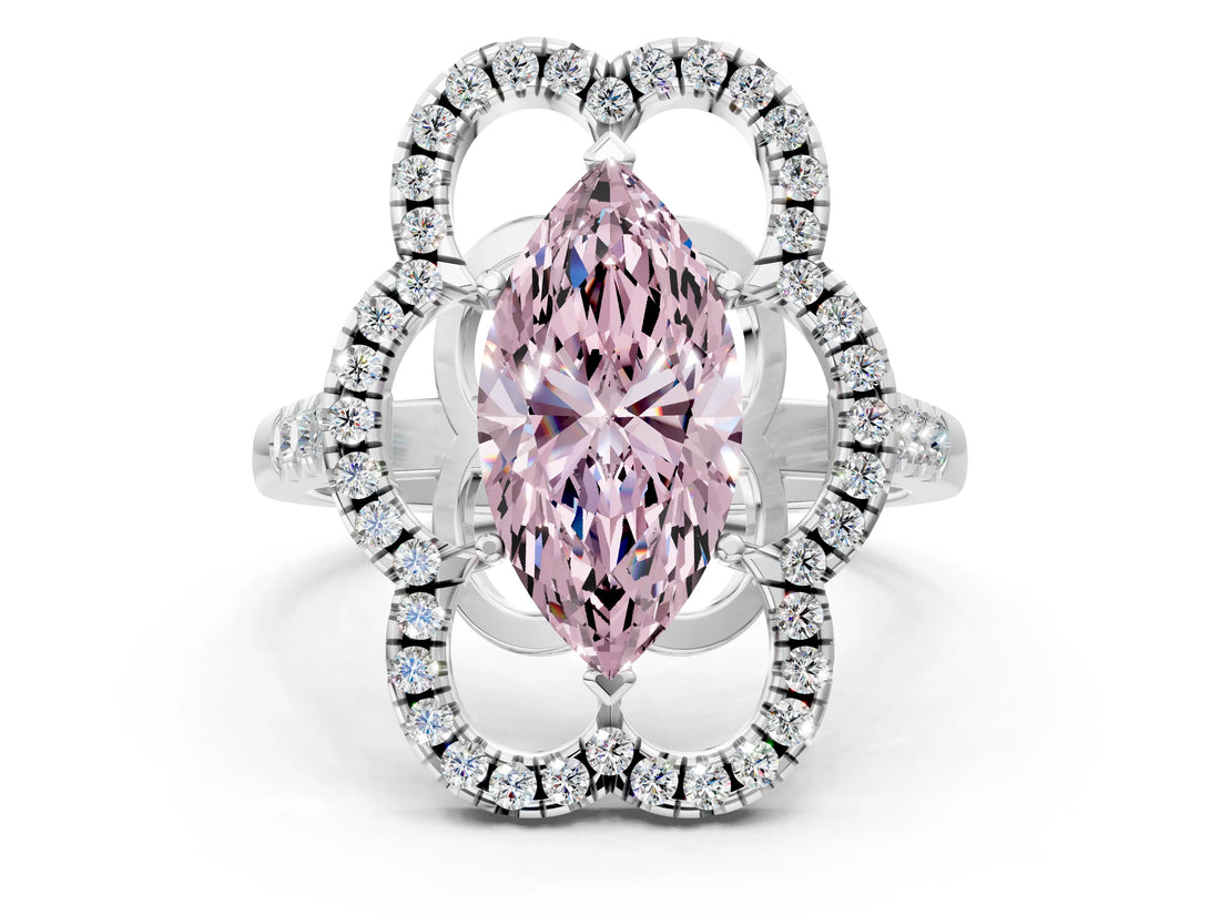 Platinum Fancy Pink Marquise Cut Diamond Floral Halo Split Shank Prong Setting Ring_6