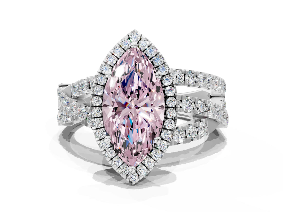 Platinum Fancy Pink Marquise Cut Diamond Halo Ring with Round Split Shank and Prong Setting_12