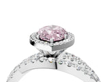 Platinum Fancy Pink Marquise Cut Diamond Halo Ring with Round Split Shank and Prong Setting_16