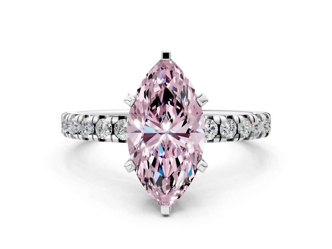 Platinum Fancy Pink Marquise Cut Diamond Solitaire Pavé Engagement Ring with Round Band and Prong Setting