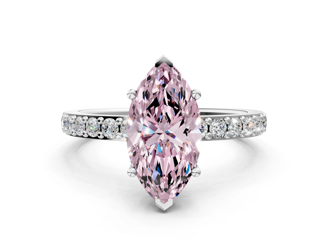 Platinum Fancy Pink Marquise  Cut Diamond Solitaire with Pave Band and Four-Prong Setting 1