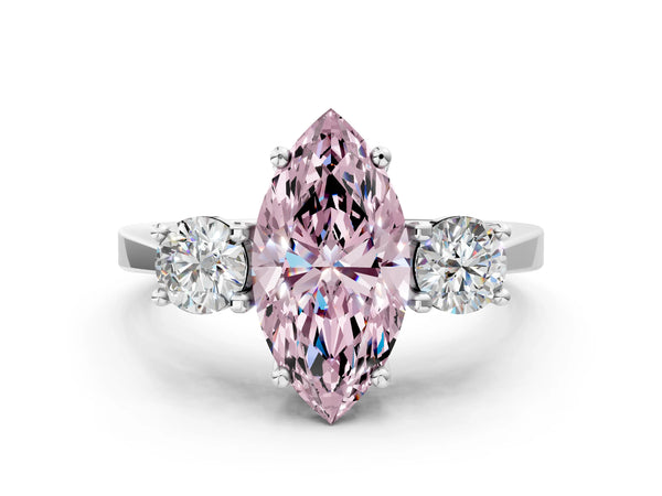 Platinum Fancy Pink Marquise Cut Diamond Three-Stone Engagement Ring with Prong Setting and Pavé Band
