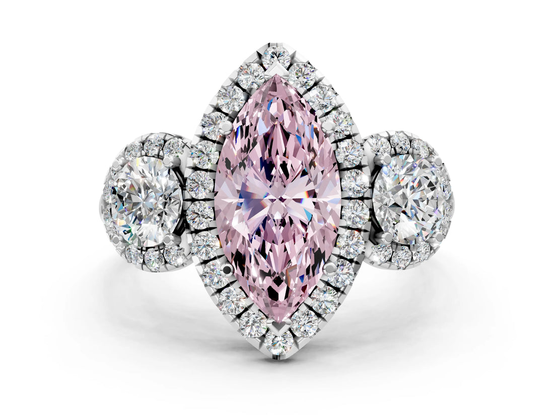 Platinum Fancy Pink Marquise Cut Diamond Three-Stone Halo Ring with Prong Setting and Pavé Accents_12