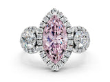 Platinum Fancy Pink Marquise Cut Diamond Three-Stone Halo Ring with Prong Setting and Pavé Accents_12
