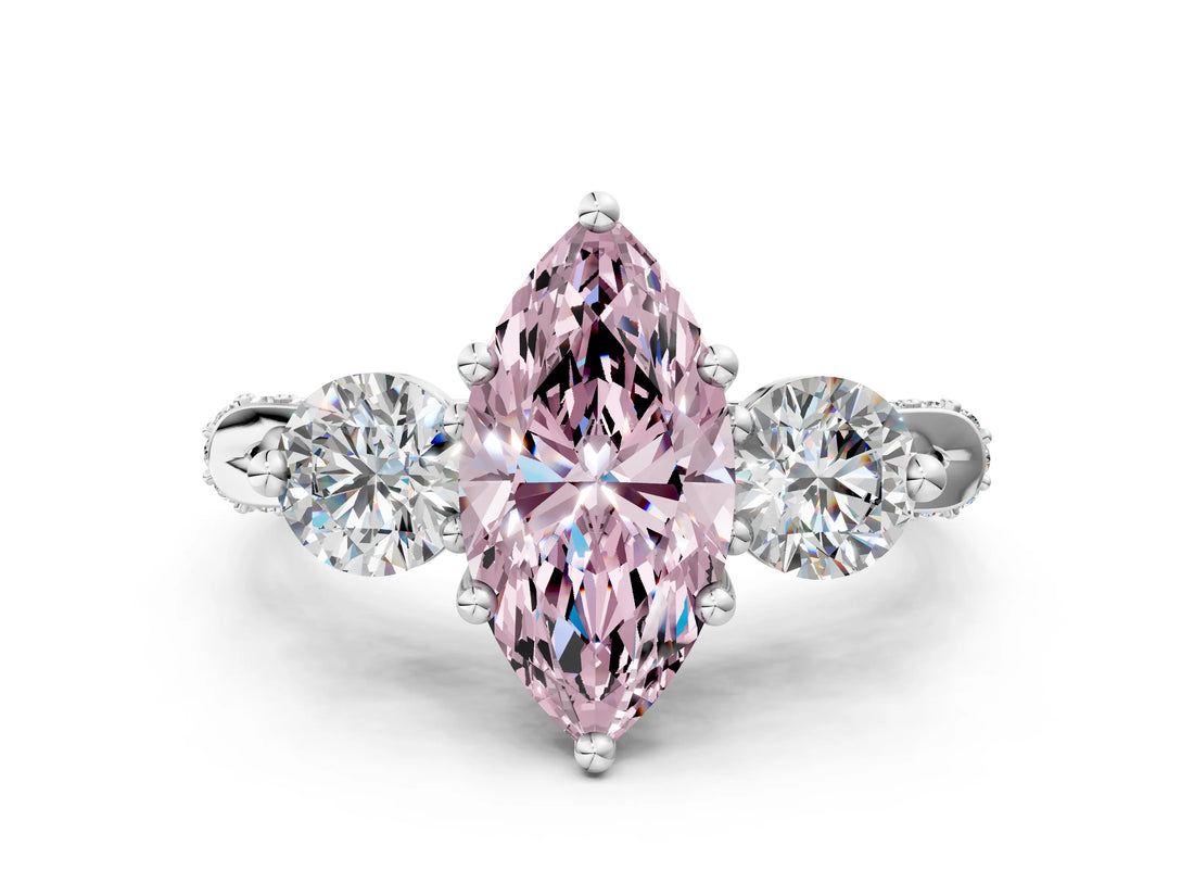 Platinum Fancy Pink Marquise Cut Diamond Three-Stone Ring with Prong Setting and Pavé Band_6
