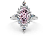 Platinum Fancy Pink Marquise Cut Halo Diamond Cluster Ring with Marquise and Round Stones on a White Gold Band with Prong Setting