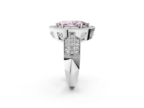 Platinum Fancy Pink Marquise Cut Halo Diamond Engagement Ring with Pave Split Shank and Four-Prong Setting