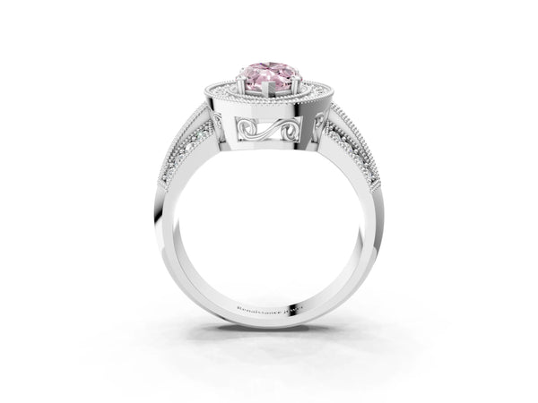 Platinum Fancy Pink Marquise Cut Halo Diamond Engagement Ring with Pave Split Shank and Four-Prong Setting