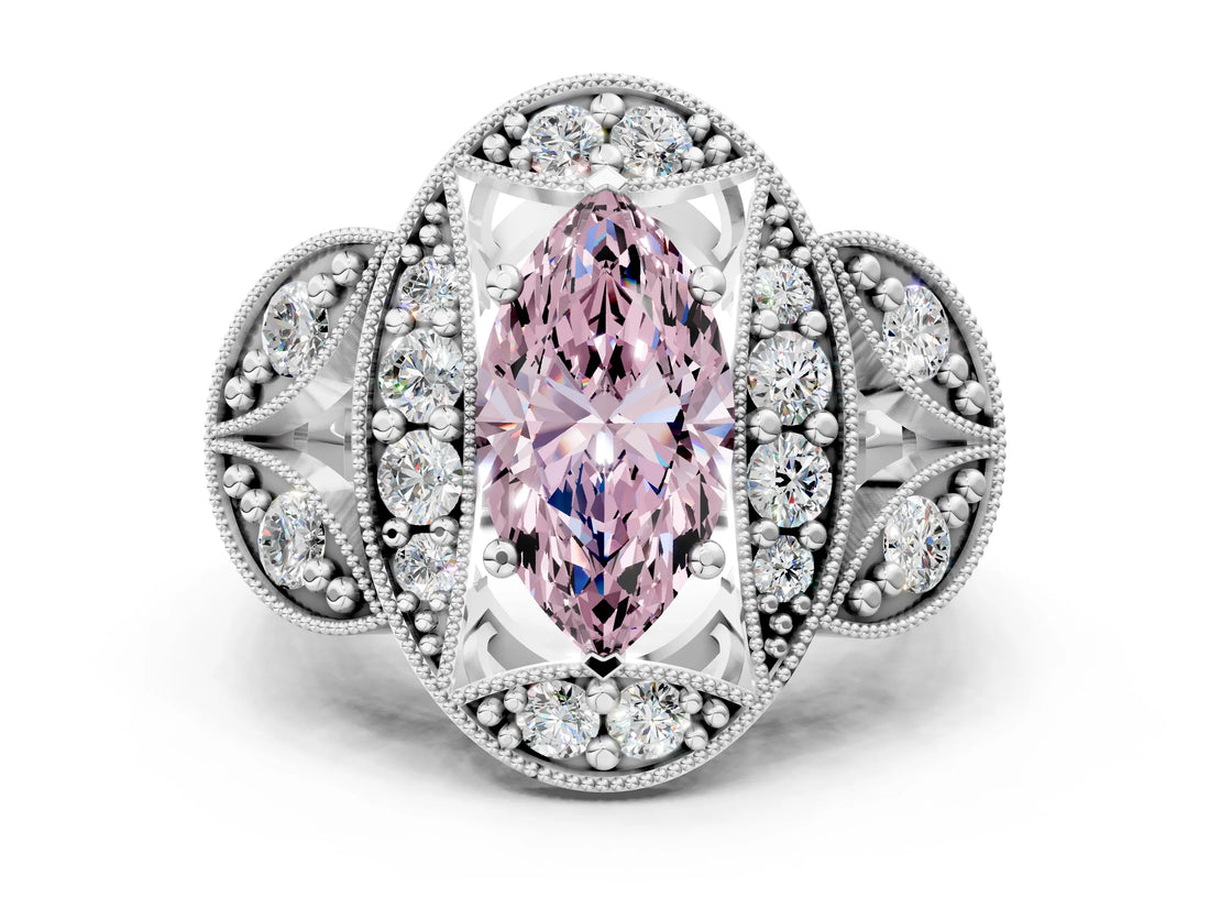 Platinum Fancy Pink Marquise Cut Halo Milgrain Diamond Engagement Ring with Leaf Band and Four-Prong Setting_12