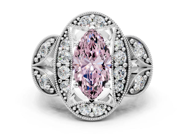 Platinum Fancy Pink Marquise Cut Halo Milgrain Diamond Engagement Ring with Leaf Band and Four-Prong Setting