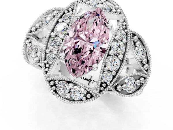 Platinum Fancy Pink Marquise Cut Halo Milgrain Diamond Engagement Ring with Leaf Band and Four-Prong Setting